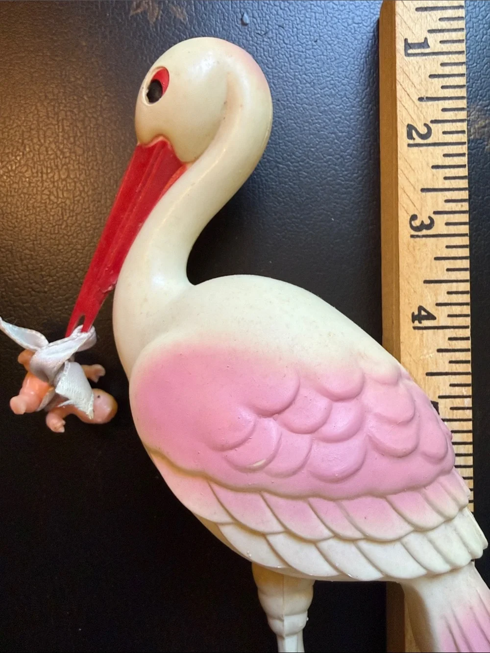 Vintage baby shower White & Pink Stork Figurine with Red Beak as-is